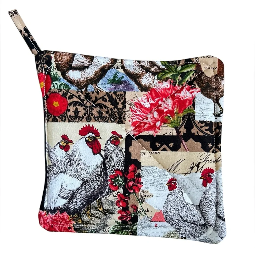 Hand Crafted Farmhouse Red Roosters Potholders Set Fabric Hot Mats Trivet
